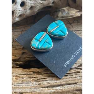 Navajo Number 8 Turquoise <b>Sterling</b> <b>Silver</b> Geometric Inlay <b>Stud</b> <b>Earrings</b> - Product Image 2