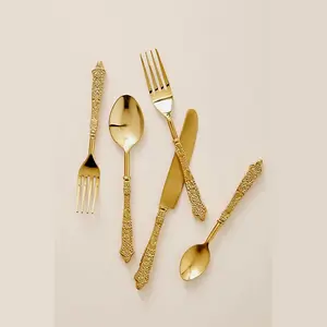 Prata Banhado A Ouro Talheres Set Casual Art Em Relevo Design Handmade Handmade Handle Casamento Servindo Talheres Talheres Set