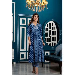 Anarkali Kurta azul índigo para mujer con pantalones y motivos étnicos Dupatta impresos ropa de Festival indio Salwar Kameez para niñas - Product Image 5
