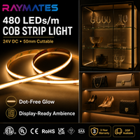 RAYMATES Premium UL ETL 480leds/m 2700K Strip Lampu Fleksibel COB DC24V Lampu Strip LED COB untuk Pencahayaan Rumah Pintar Modern