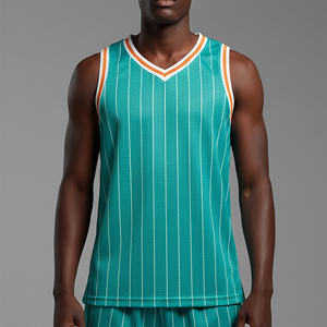Men's Teal Striped Basketball Jersey V-Neck Sleeveless Mesh Breathable <b>Athletic</b> Tank Top Regular Fit All Seasons Apparel - Product Image 4