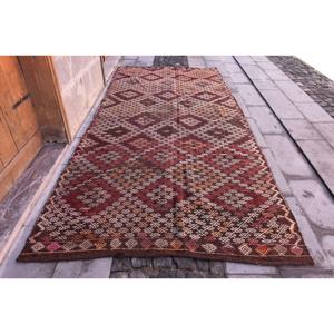 Alfombra Kilim turca Vintage 5,5X11,7 pies marrón rojo tejido plano lana yute alfombra látex rectángulo Patchwork para decoración de habitación de pasillo - Product Image 1