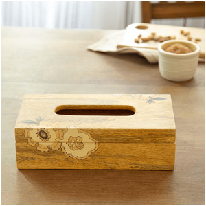 Boîte à mouchoirs rectangulaire en bois naturel moderne et durable avec couvercle en bois décoratif de sculptures florales pour la maison ou le bureau - Product Image 4