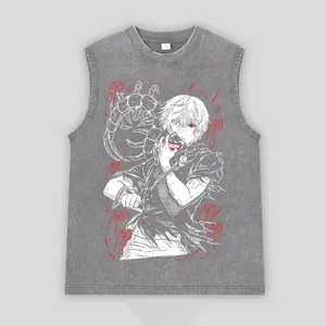 Camiseta sin mangas con lavado ácido personalizada para hombre, cuello redondo desgastado, diseño contemporáneo impreso en Chaleco de punto de algodón 100% - Product Image 3