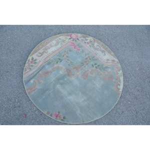 Alfombra Turca Clásica Azul y Rosa Vintage de 3.8 x 3.8 pies, Ecológica, de Pelo Medio, Diseño Patchwork, Base de Látex, Decoración para Comedor - Product Image 4