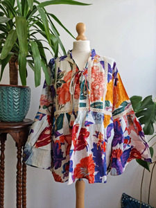 Blusa Bohemia Floral de encaje de algodón puro de alta calidad, blusa elegante de verano con cuello en V, gasa, estampado de bloque indio, ropa de día informal corta - Product Image 2