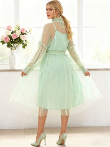 2026 Customizable Lavender Mesh Dress with Floral Lace Elegant High Neck Long Sleeve Cocktail Party Dress for Women - Product Image 2