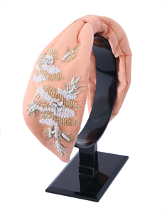 Diadema Acolchada Cómoda con Diseño de Nudo, Flores de Durazno y Cuentas, Diadema Hecha a Mano con Perlas y Cristales Bordados, Accesorios de Boutique - Product Image 1