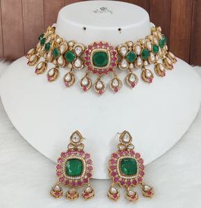 Ensemble de collier en moissanite Polki et pierre doublette, collier de qualité supérieure de luxe avec de magnifiques boucles d'oreilles, parfait pour les mariages - Product Image 2