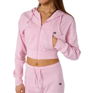 Ensemble de survêtement décontracté pour femmes, sweat à capuche zippé court et pantalon de jogging côtelé, mélange de coton, coupe ample, pour la production en gros de marques privées - Product Image 3