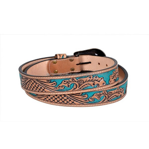 Cinturón de herramientas de cuero occidental mecanizado a mano de larga duración Cinturón de vaquero tallado en turquesa de alta calidad con conjunto de hebilla floral de diseñador - Product Image 6