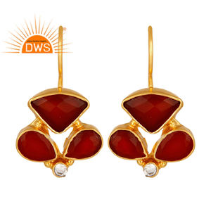 ต่างหูห้อยแบบตะขอทำมือ ชุบทองเหลือง ประดับด้วยพลอยออนิกซ์สีแดงและเพชร CZ  คอลเลคชั่นคลาสสิก ขายส่งเครื่องประดับแฟชั่น - Product Image 4