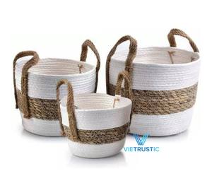 Set Of Certified Supplier Hamper Baskets Cotton and Stitching Seagrass Basket Cotton Basket Living Room For <b>Laundry</b> Room - Product Image 5