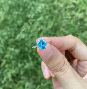 Elegant Design 14k White Gold Natural Gemstone <b>Blue</b> Topaz Halo <b>Ring</b> With Diamonds Customized December Birthstone <b>Rings</b> for Women - Product Image 5