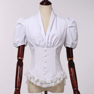 Blusa de algodón para mujer de manga corta con cuello en V de encaje gasa delgada corsé camisa Tops - Product Image 4