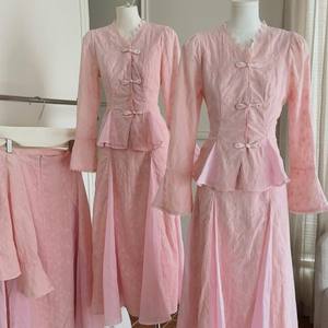 Vintage Pink Lace Two Piece Set Blouse & Long <b>Skirt</b> for Women OEM ODM - Product Image 4