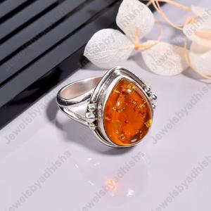 Bague de fiançailles élégante classique en argent Sterling 925 avec coupe poire pour femme, ambre de la Baltique, cadeau de réglage de lunette - Product Image 3