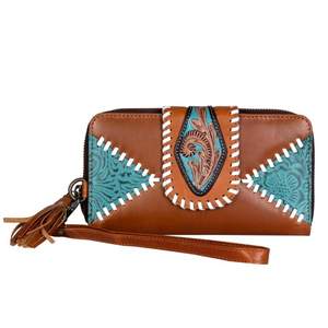Bolso de mano bohemio hecho a mano para mujer, billetera de moda occidental de cuero genuino con decoración de borlas, cierre de cremallera única, forro de lona - Product Image 1