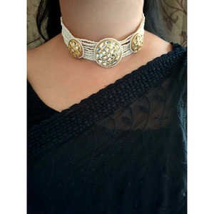 Conjunto de Gargantilla de perlas Kundan Jadau floral con pendientes, joyería nupcial fina de acero inoxidable chapada en oro - Product Image 1