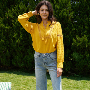 Camicetta Olaesa 2026 da <span class=keywords><strong>Donna</strong></span> a Maniche Lunghe, Collo Alto, Motivo a Pois Svizzeri, Top in Pizzo Giallo, Camicetta Casual Vintage per <span class=keywords><strong>Donna</strong></span> - Product Image 2