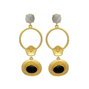 New Arrival Gold Tone Circular Drop Earrings with Grey Chalcedony and Black Onyx - Product Image 1
