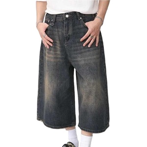 กางเกงขาสั้นผ้ายีนส์แนวสตรีทของผู้ชายกางเกงขาสั้นผ้ายีนส์100% มีซิปแบบวินเทจสำหรับผู้ชายยาวลำลอง - Product Image 1