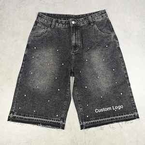 Shorts en jean personnalisés pour hommes, mode streetwear, ornés de cristaux, bord brut, lavage vintage personnalisé, jorts, shorts en jean pour hommes - Product Image 4