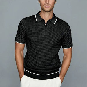 Casual Slim Fit sólido tejido Tops hombres 2023 verano moda solapa cremallera Polos ropa de hombre moda manga corta Polos - Product Image 5