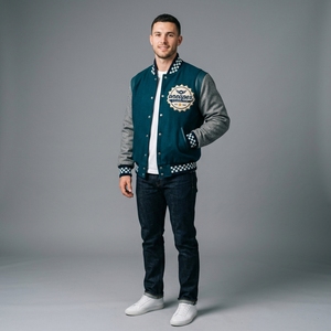 Men's Teal Wool Letterman <b>Jacket</b> Grey Sleeves Custom Logo <b>Checkered</b> Rib Knit Collar Cuffs Snap Front Luxury Streetwear Outerwear - Product Image 1
