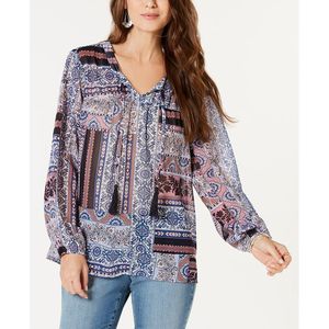 Style & Co Pull en mousseline de soie pour femme, imprimé, avec franges, bleu, taille M, pour le printemps/été - Product Image 1