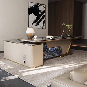 Deep Blue Slate <b>L</b>-<b>Shaped</b> Executive <b>Desk</b> with Stainless Steel Frame Rounded Edges Quiet Drawers 1-Year Warranty - Product Image 3