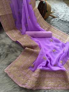 Designer indien broderie travail Georgette Saree avec chemisier en soie brute pièce douce Georgette Sarees pour les femmes mariage et fête - Product Image 3