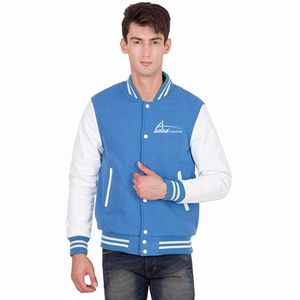 Customized Windproof Quick Dry Breathable Winter Varsity <b>Jackets</b> for <b>Men</b> Slim Fit <b>White</b> Sleeves Design Light Blue Color Best - Product Image 1