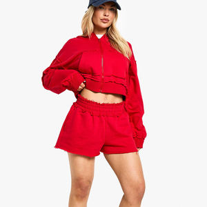 Vente chaude rouge 2 pièces femmes Reverse Loopback Boxy Crop Zip à travers Shorts survêtement ensemble à capuche et court ensemble de survêtement pour femmes - Product Image 1