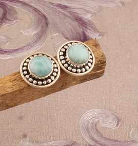 Pendientes de Plata de Ley 925 con Baño de Oro y Piedra Preciosa Redonda de Larimar Natural, Diseño de Puntos, Modernos, Regalo de Aniversario para Mujer - Product Image 3