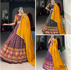 Vêtements de fête marron Tussar soie Bandhej Patola imprimer Lehenga Choli ensemble sud de l'Inde Style feuille travail traditionnel fête de mariage - Product Image 6