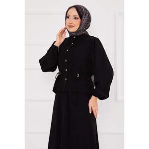 Conjunto negro de 2 piezas Hijab plisado en la cintura, ajuste holgado, estilo informal, cuello levantado, tejido, patrón tejido para primavera - Product Image 1