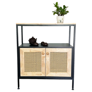 Meuble de rangement décoratif industriel moderne KTB68121 avec porte en rotin et structure en fer pour salon, salle à manger, entrée - Product Image 1
