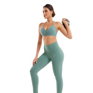 2 Piece Yoga Set High Waist <b>Leggings</b> Off-the-Shoulder Sports Bra Seamless Print Breathable Spandex <b>Pockets</b> <b>Workout</b> Wear - Product Image 2