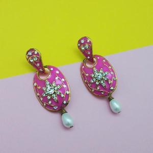 Kriaa Stone Pink Meenakari Dangler <b>Earring</b> Gold Plated Drop <b>Hoop</b> <b>Fine</b> Jewelry - Product Image 1