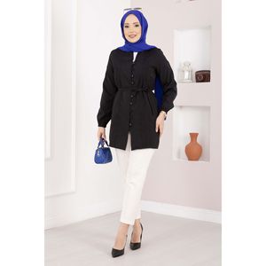 Top de Satén con Detalle Acanalado y Cordones para Mujer, Estilo Vintage, Largo o Corto, para Otoño y Primavera, Disponible en Talla XL - Negro - Product Image 3