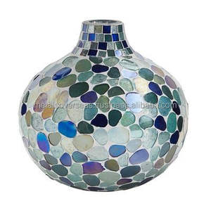 Florero redondo de vidrio con mosaico de guijarros iridiscente azul verde púrpura Florero decorativo en cuclillas con mosaico de guijarros de vidrio irregular - Product Image 5