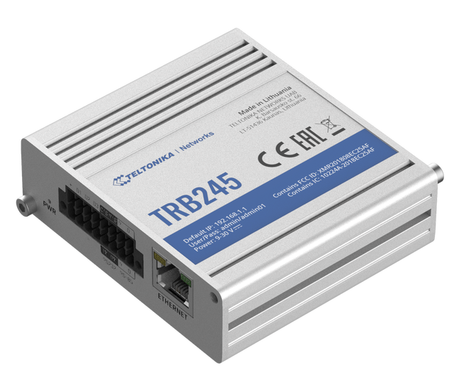 Teltonika TRB245 Small Durable Industrial LTE Cat 4 Gateway Ethernet Serial Communication Secure Power Connector I/O Made