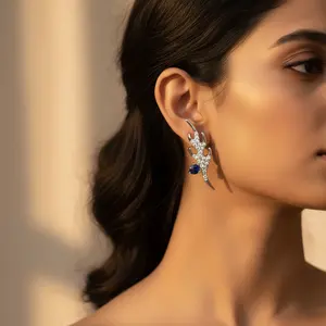 Pendientes de Botón Modernos de Plata y Zafiro para Mujer, Joyería Delicada de Latón y Cobre con Baño de Oro, Diseño de Bola y Número para Fiestas - Product Image 3