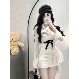[2025 nuevo] elegante vestido ajustado de encaje de manga larga tela suave lazo negro dulce traje de fiesta de estilo coreano - Product Image 5