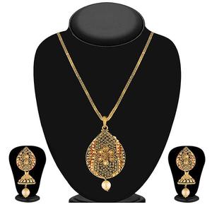 Kriaa Brown <b>Kundan</b> Stone Gold Plated Fine <b>Jewelry</b> Pendant Set 1204005 - Product Image 1