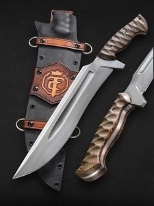 มีดใบตายเหล็ก J2 ทำมือ ด้ามไมคาร์ต้า พร้อมปลอกหนังควายแบบกำหนดเองได้สำหรับการล่าสัตว์และตั้งแคมป์ - Product Image 3