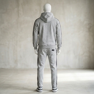<b>Men's</b> Gray Hooded Tracksuit Set <b>Pullover</b> Hoodie Jogger Pants Dark Side Panels Sportswear Training Gym Running Fitness Activewear - Product Image 4