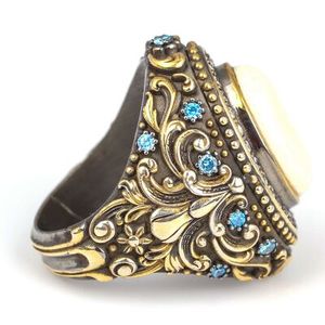 925 Sterling <b>Silver</b> Men's <b>Statement</b> <b>Ring</b> with Natural Aquamarine Ivory Zircon Stones Bezel Setting Inlay Everyday Wear - Product Image 5