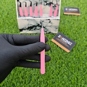 Pinzas de extensión de pestañas de acero inoxidable con punta rosa y negra de alta calidad de 45 grados, pinzas sostenibles de belleza con punta de fibra sólida - Product Image 5